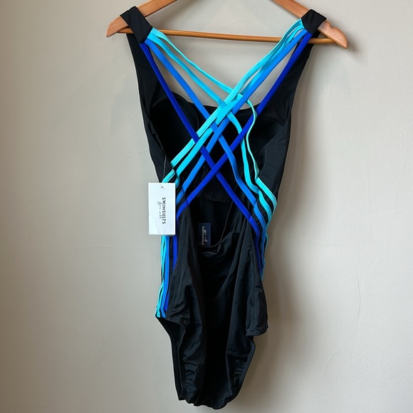 SWIN SUITS FOR ALL NWT black one piece swim suit with blue cross cross size 18 - Picture 5 of 6